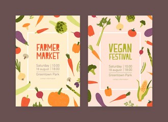 Set of flyer or invitation templates for farmer market and vegan food festival with frames made of fresh ripe vegetables and place for text. Colorful modern vector illustration for event announcement.