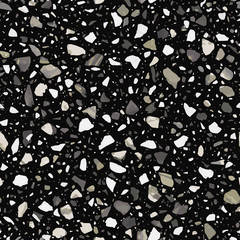 Naklejka premium Terrazzo flooring vector seamless pattern in dark colors with accents. Classic italian type of floor in Venetian style composed of natural stone, granite, quartz, marble, glass and concrete