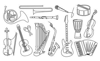 Continuous line drawing of Musical instruments linear icons set. Orchestra equipment - obrazy, fototapety, plakaty