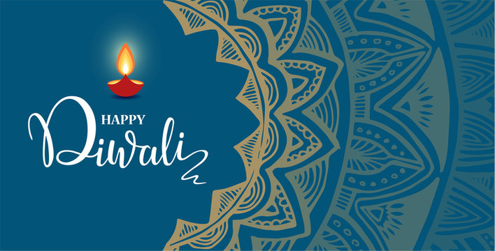Happy Diwali lettering wallpaper design template. illustration of burning Diwali diya oil lamp for light festival of India.