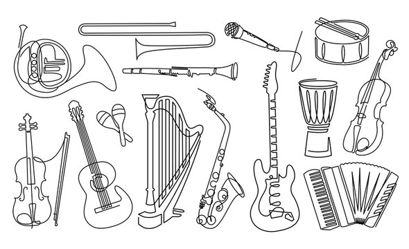 Continuous line drawing of Musical instruments linear icons set. Orchestra equipment