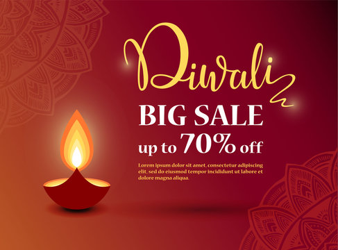Diwali festival big sale design template. illustration of burning Diwali diya oil lamp for light festival of India.