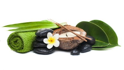 Set spa for healthy therapy with stones, candle, leaves and flower
