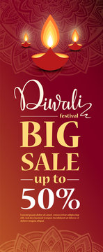 Diwali festival big sale design template. illustration of burning Diwali diya oil lamp for light festival of India.