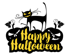 Happy Halloween lettering with a horrible cat and terrible pumpkins. Vector calligraphic inscription for banner, poster, greeting card, party invitation.