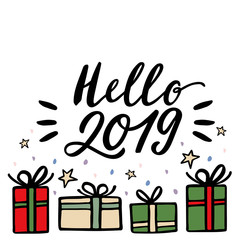 Christmas gifts and Hello 2019 lettering greeting card. Hand drawn vector illustration.