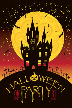Vector banner for Halloween party with an old Gothic castle at the cemetery on the background of the full moon in retro style