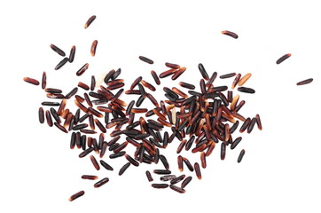 Organic black rice isolated on white background, top view