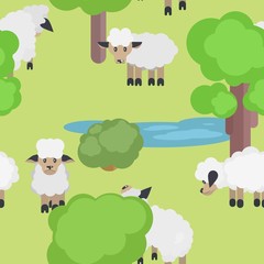 Obraz na płótnie Canvas seamless pattern with sheep on a meadow near the lake
