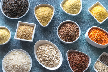 Assortment of grains on the gray background