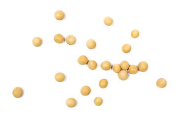 Organic raw soybeans, isolated on white background, top view