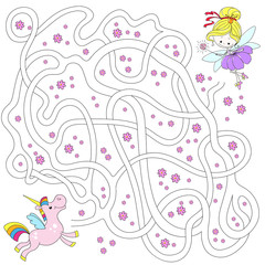 Fairy and unicorn. Labyrinth for children. Educational games. Find the path. Vector illustration.