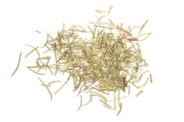 Pile of dry rosemary isolated on white background, top view