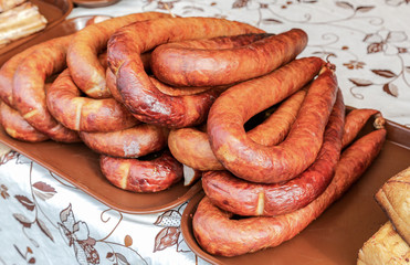 Homemade sausage ready for sale at the local farmers market