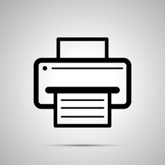Printer symbol with sheet of paper with text, simple black icon with shadow on gray
