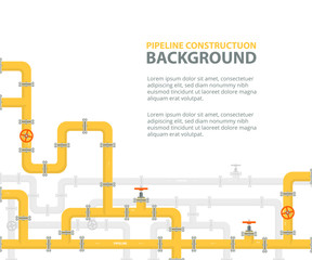 Industrial background with yellow pipeline. Oil, water or gas pipeline with fittings and valves. Vector illustration in a flat style.