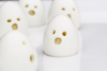 Fun food for kids. Party foods of hard boiled ghost ghoul eggs perfect for Halloween. Alternative...