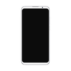 Realistic trendy white smartphone mockup with blank black screen isolated on white background. For any user interface test or presentation.