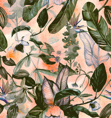 Seamless watercolor pattern with tropical flowers, magnolia, orange flower, vanilla orchid, tropical leaves, banana leaves