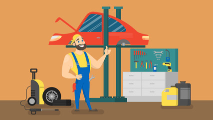 Fototapeta premium Mechanic standing in front of red car