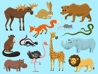 Cute animals for baby. Wild giraffe moose camel and deer, rhinoceros. hare, wolf and bear with lion and tiger. vintage world. Cartoon vector.