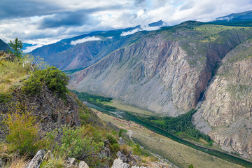 View of the Chulyshman River valley from the upper pass of the Katu-Yaryk Pass, Altai Republic,...