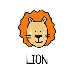 Cartoon vector flat illustration of cute lion face for baby card and invitation