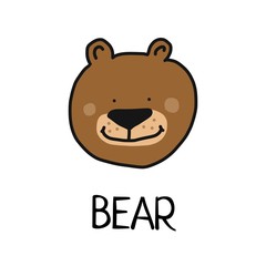 Cartoon vector flat illustration of cute bear face for baby card and invitation