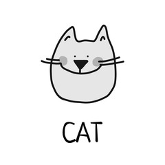 Cartoon vector flat illustration of cute cat face for baby card and invitation