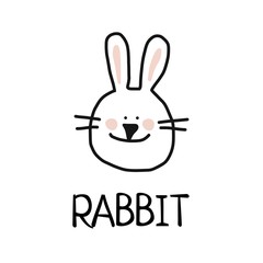 Cartoon vector flat illustration of cute rabbit face for baby card and invitation