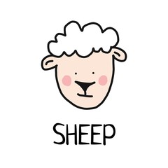 Cartoon vector flat illustration of cute sheep face for baby card and invitation