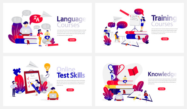 Online education courses banner set. Language study and testing skills