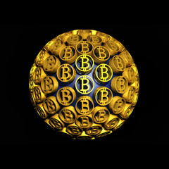 Bitcoin sphere contains of gold coins. Technological financial sign. Golden business