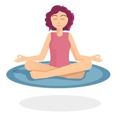  Young girl with pink hair meditates in lotus pose on the rug