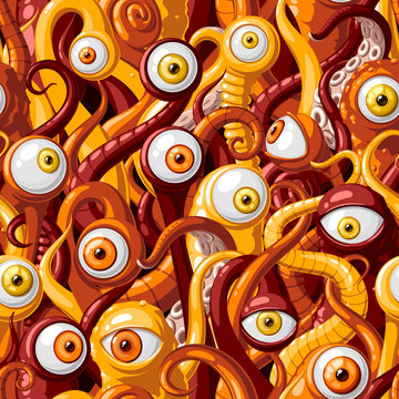 Бесшовный векторный узор из мультяшных глаз и щупалец монстров с красной и оранжевой кожей, оранжевыми и желтыми глазами. Векторная иллюстрация.