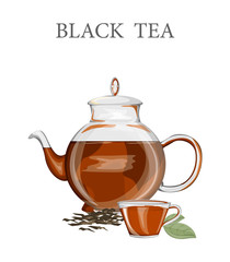 Teapot with a black tea. Hot drink