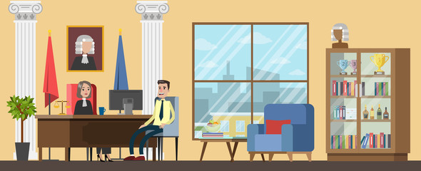 Court building judge office interior flat illustration