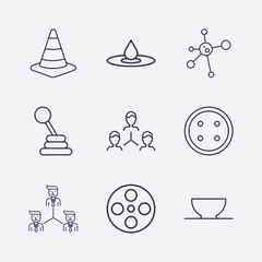 Outline 9 circle icon set. bowl, dress button, movie roll, drop, road traffic, hub and spoke, teamwork and speed shifter vector illustration