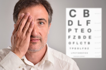 Middle-aged man covering an eye for optical revision letter chart - obrazy, fototapety, plakaty