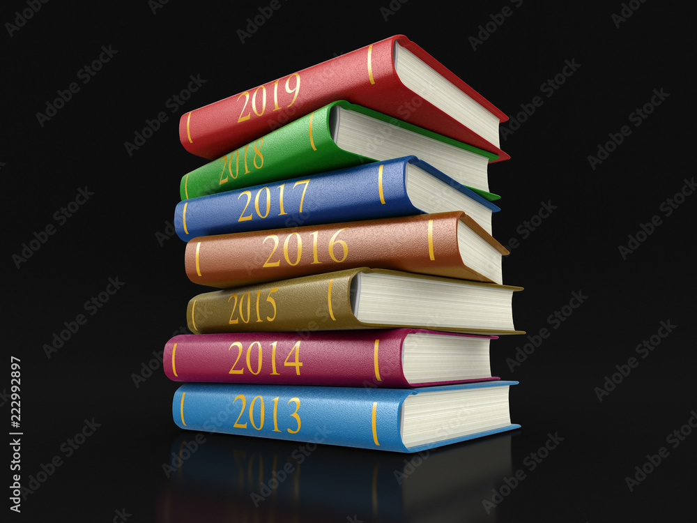 Poster stack of books with 2019. image with clipping path