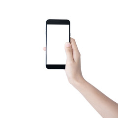hand with smart phone of female Asia girl on white back ground isolate, touch on screen by finger and hold by hand.