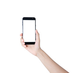 hand with smart phone of female Asia girl on white back ground isolate, touch on screen by finger...