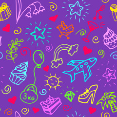 Fototapeta premium Birthday seamless pattern, doodle.