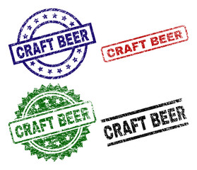 CRAFT BEER seal prints with distress surface. Black, green,red,blue vector rubber prints of CRAFT BEER text with unclean surface. Rubber seals with circle, rectangle, rosette shapes.