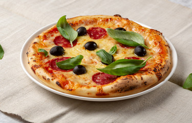 Salami pizza on plate