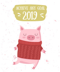 Creative postcard for New 2019 Year with cute pig