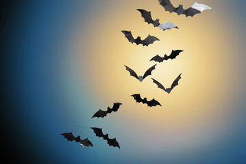 halloween and scary concept - black bats flying in moonlight over night sky background