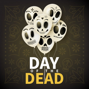 Festive card of Day of the Dead. Dark background with white balloons. Vector illustration holiday pattern.