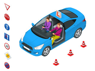 Design concept driving school or learning to drive. Flat vector isometric illustration