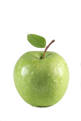 green apple with waterdrops isolated on white background